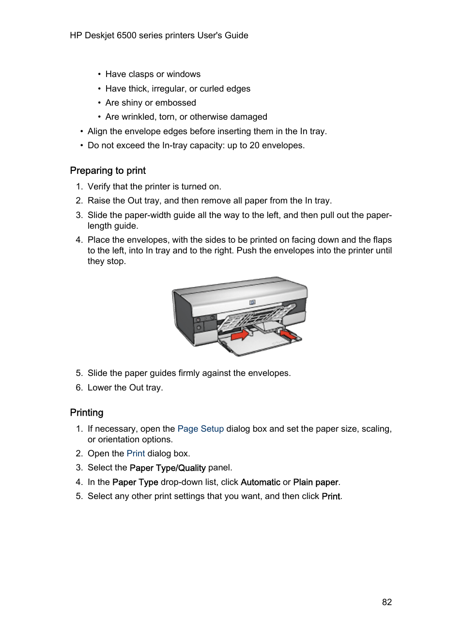 Preparing to print, Printing | HP Deskjet 6540 Color Inkjet Printer User Manual | Page 82 / 184