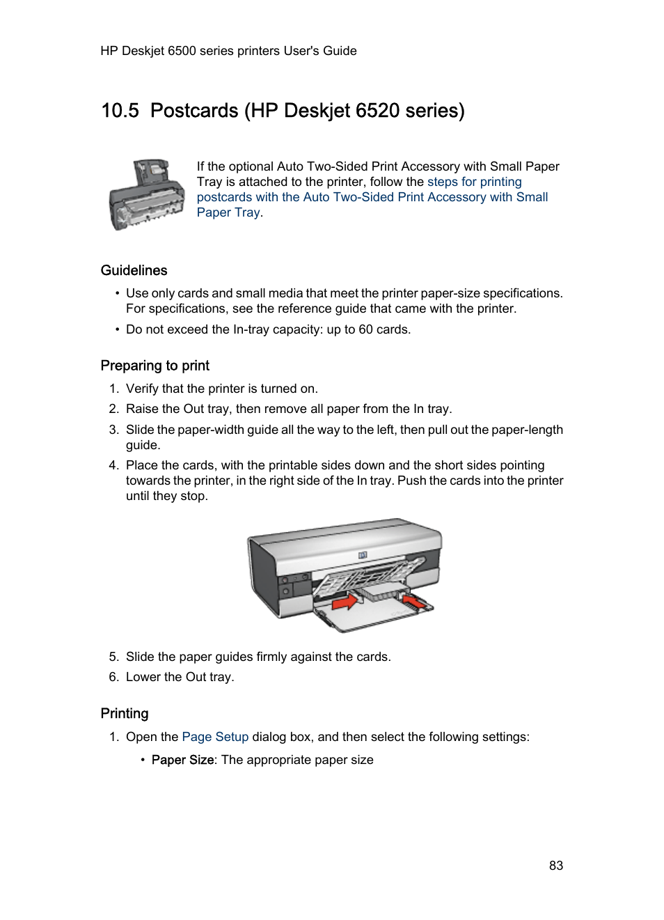 5 postcards (hp deskjet 6520 series), Guidelines, Preparing to print | Printing, Postcards | HP Deskjet 6540 Color Inkjet Printer User Manual | Page 83 / 184