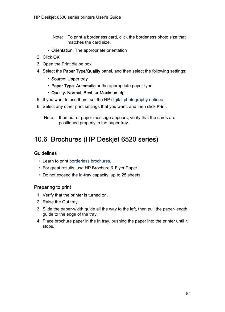 6 brochures (hp deskjet 6520 series), Guidelines, Preparing to print | Brochures | HP Deskjet 6540 Color Inkjet Printer User Manual | Page 84 / 184