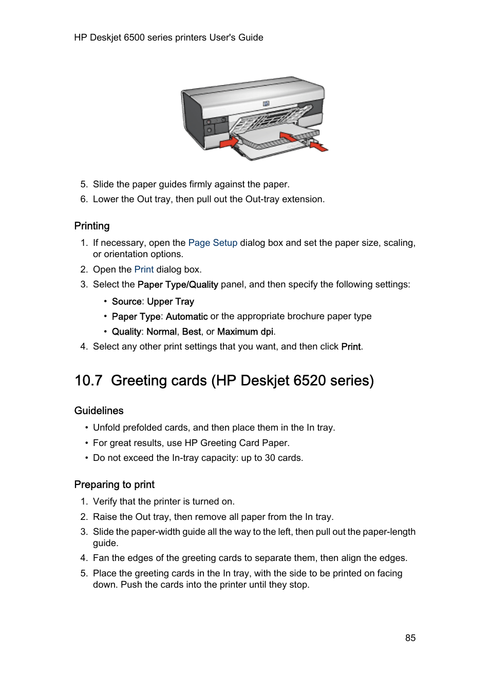 Printing, 7 greeting cards (hp deskjet 6520 series), Guidelines | Preparing to print, Greeting cards | HP Deskjet 6540 Color Inkjet Printer User Manual | Page 85 / 184