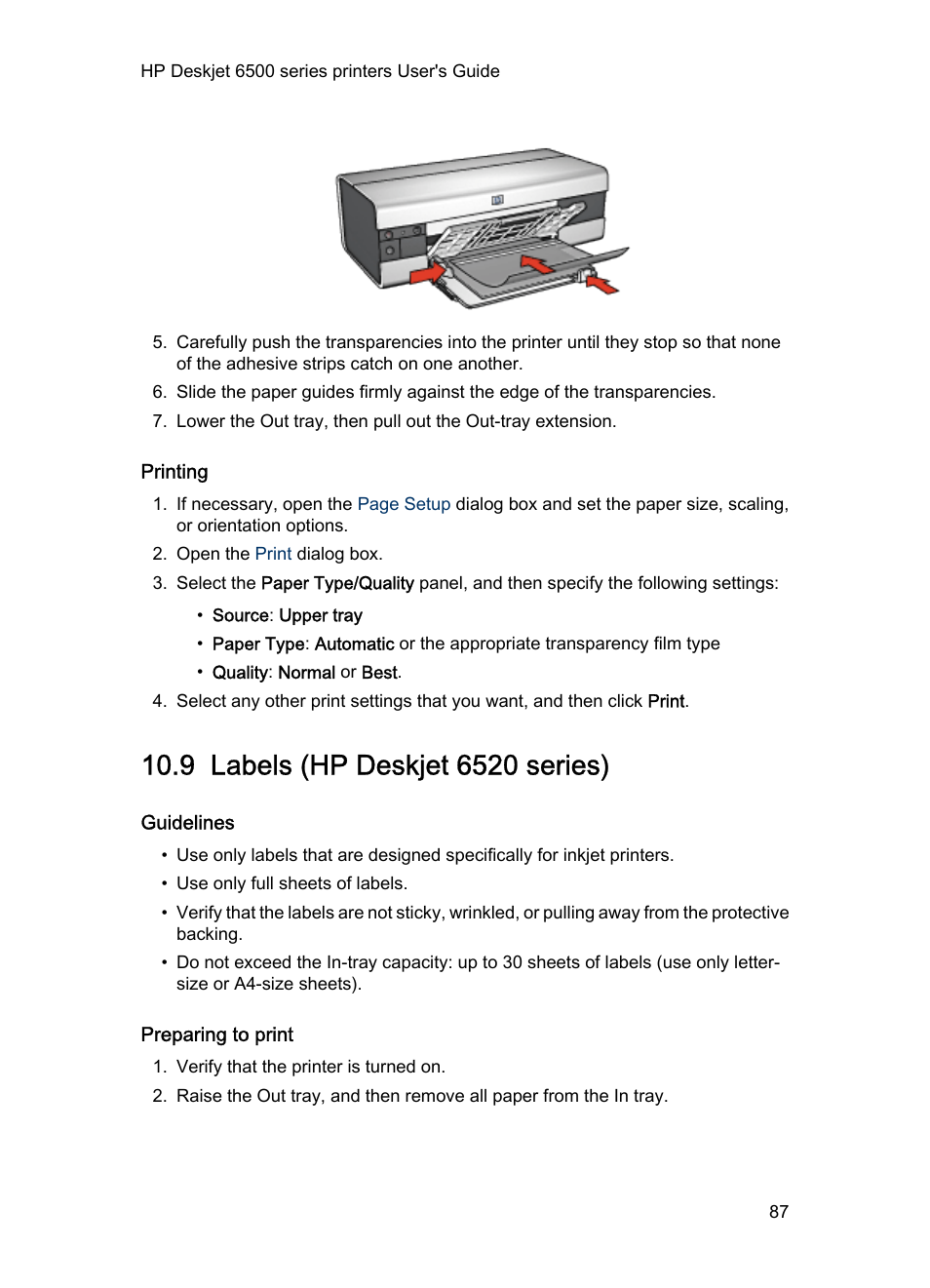 Printing, 9 labels (hp deskjet 6520 series), Guidelines | Preparing to print, Labels | HP Deskjet 6540 Color Inkjet Printer User Manual | Page 87 / 184