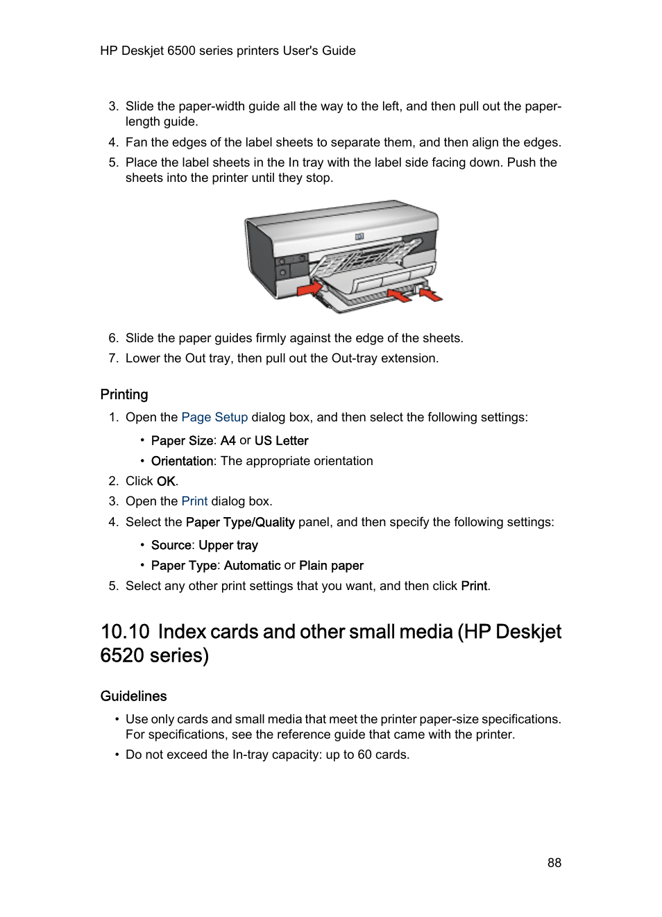 Printing, Guidelines, Index cards | HP Deskjet 6540 Color Inkjet Printer User Manual | Page 88 / 184