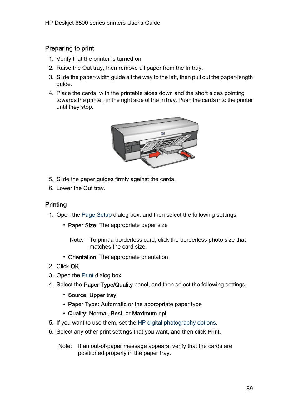 Preparing to print, Printing | HP Deskjet 6540 Color Inkjet Printer User Manual | Page 89 / 184