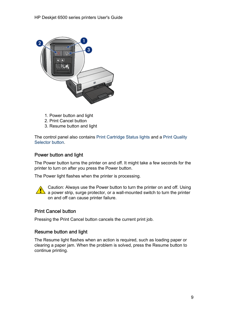 Power button and light, Print cancel button, Resume button and light | HP Deskjet 6540 Color Inkjet Printer User Manual | Page 9 / 184