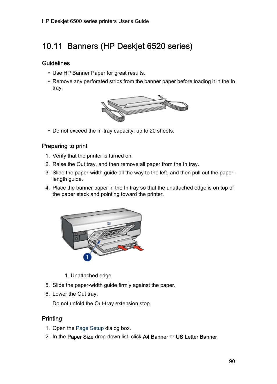 11 banners (hp deskjet 6520 series), Guidelines, Preparing to print | Printing, Banners | HP Deskjet 6540 Color Inkjet Printer User Manual | Page 90 / 184