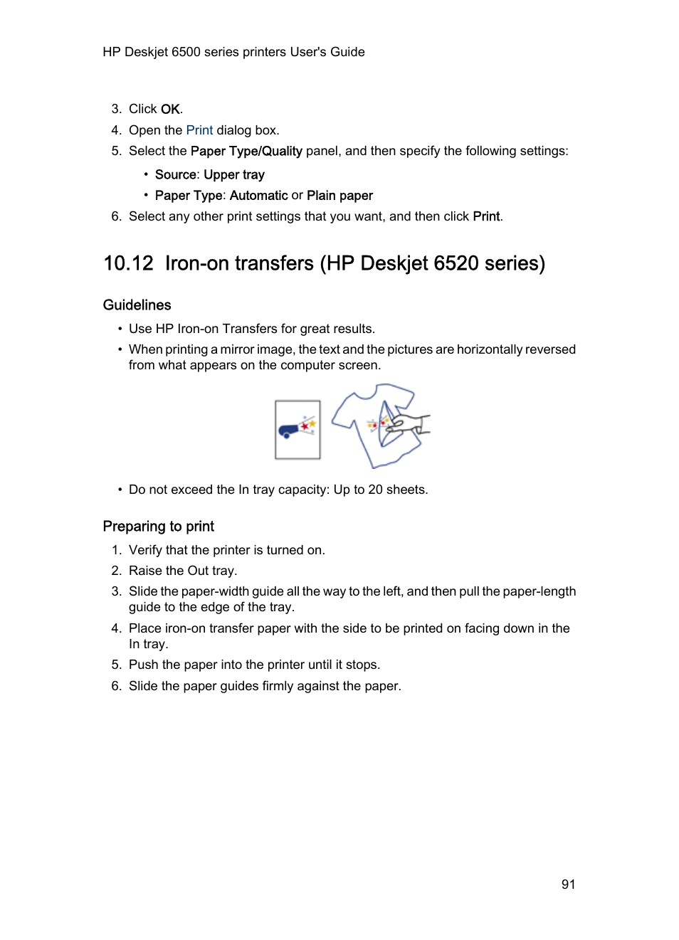 12 iron-on transfers (hp deskjet 6520 series), Guidelines, Preparing to print | Iron-on, Transfers | HP Deskjet 6540 Color Inkjet Printer User Manual | Page 91 / 184