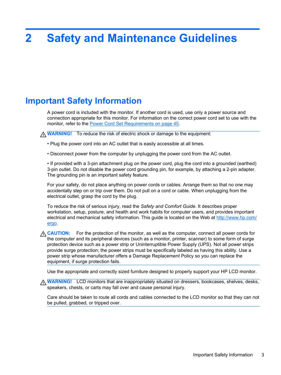 Safety and maintenance guidelines, Important safety information, 2 safety and maintenance guidelines | 2safety and maintenance guidelines | HP DreamColor Z24x Professional Display User Manual | Page 11 / 57