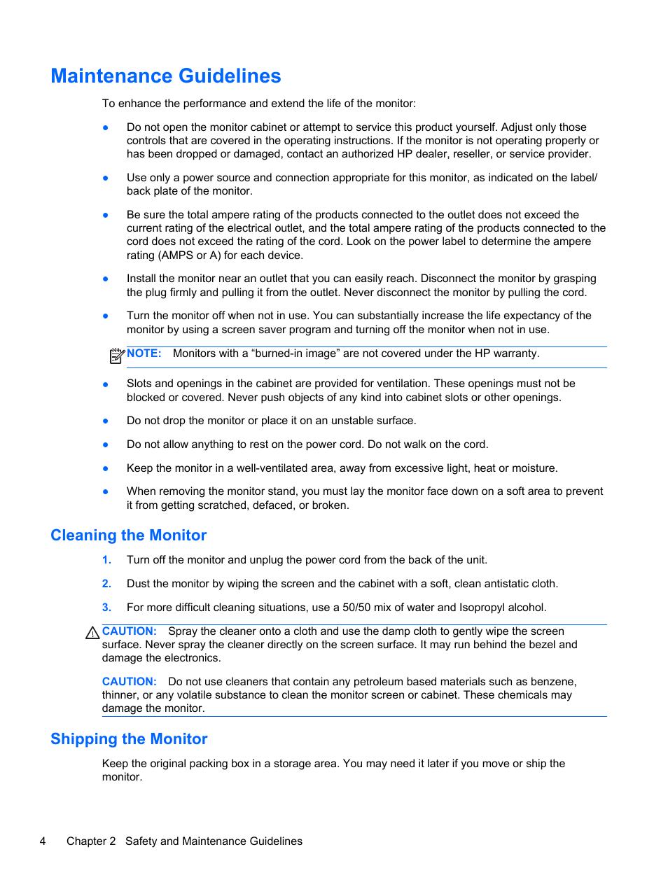 Maintenance guidelines, Cleaning the monitor, Shipping the monitor | Cleaning the monitor shipping the monitor | HP DreamColor Z24x Professional Display User Manual | Page 12 / 57