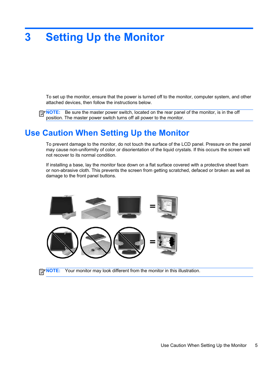 Setting up the monitor, Use caution when setting up the monitor, 3 setting up the monitor | 3setting up the monitor | HP DreamColor Z24x Professional Display User Manual | Page 13 / 57