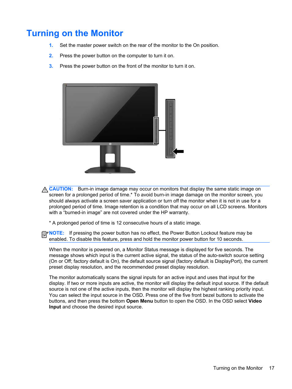 Turning on the monitor | HP DreamColor Z24x Professional Display User Manual | Page 25 / 57