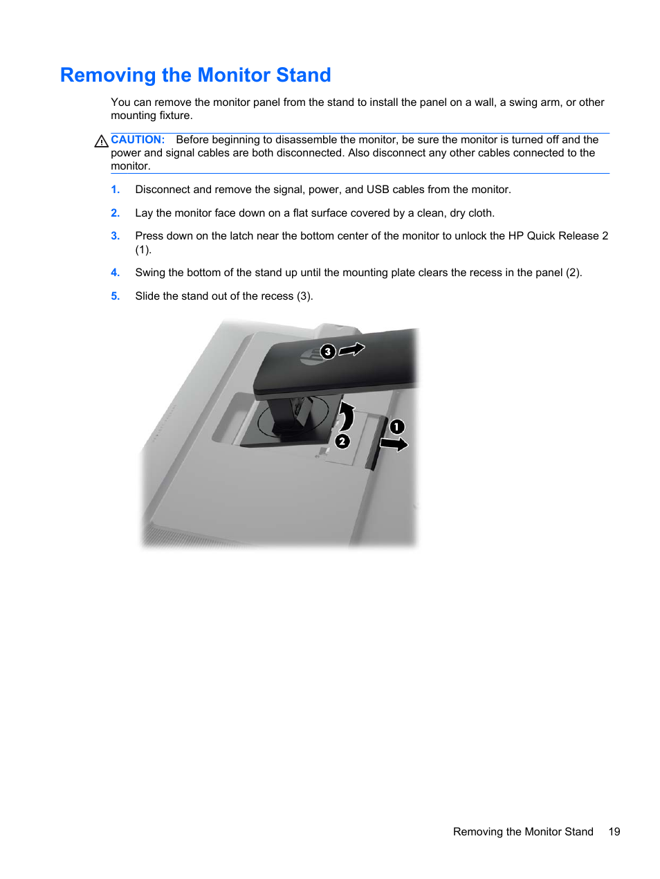 Removing the monitor stand | HP DreamColor Z24x Professional Display User Manual | Page 27 / 57