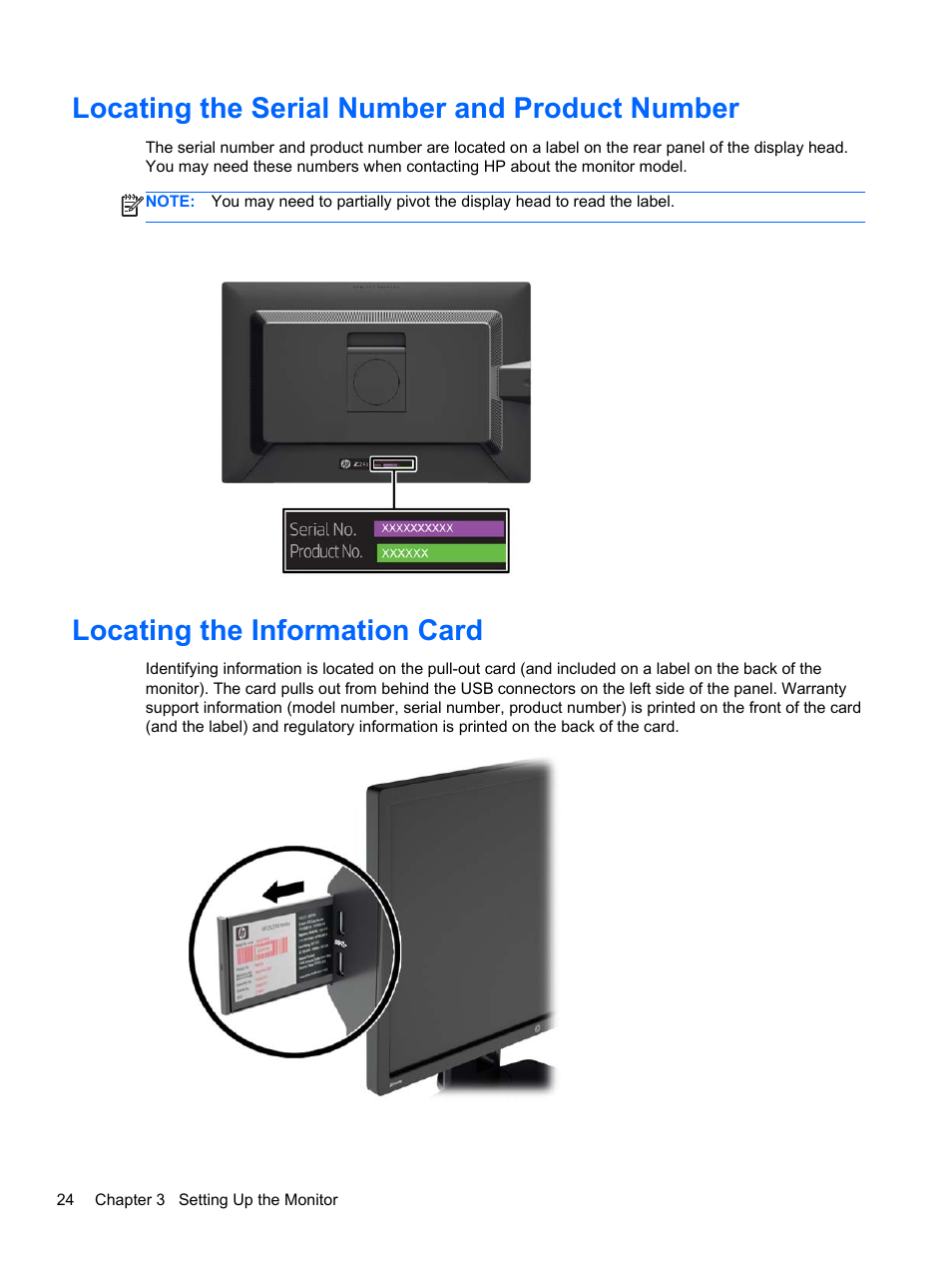 Locating the serial number and product number, Locating the information card | HP DreamColor Z24x Professional Display User Manual | Page 32 / 57