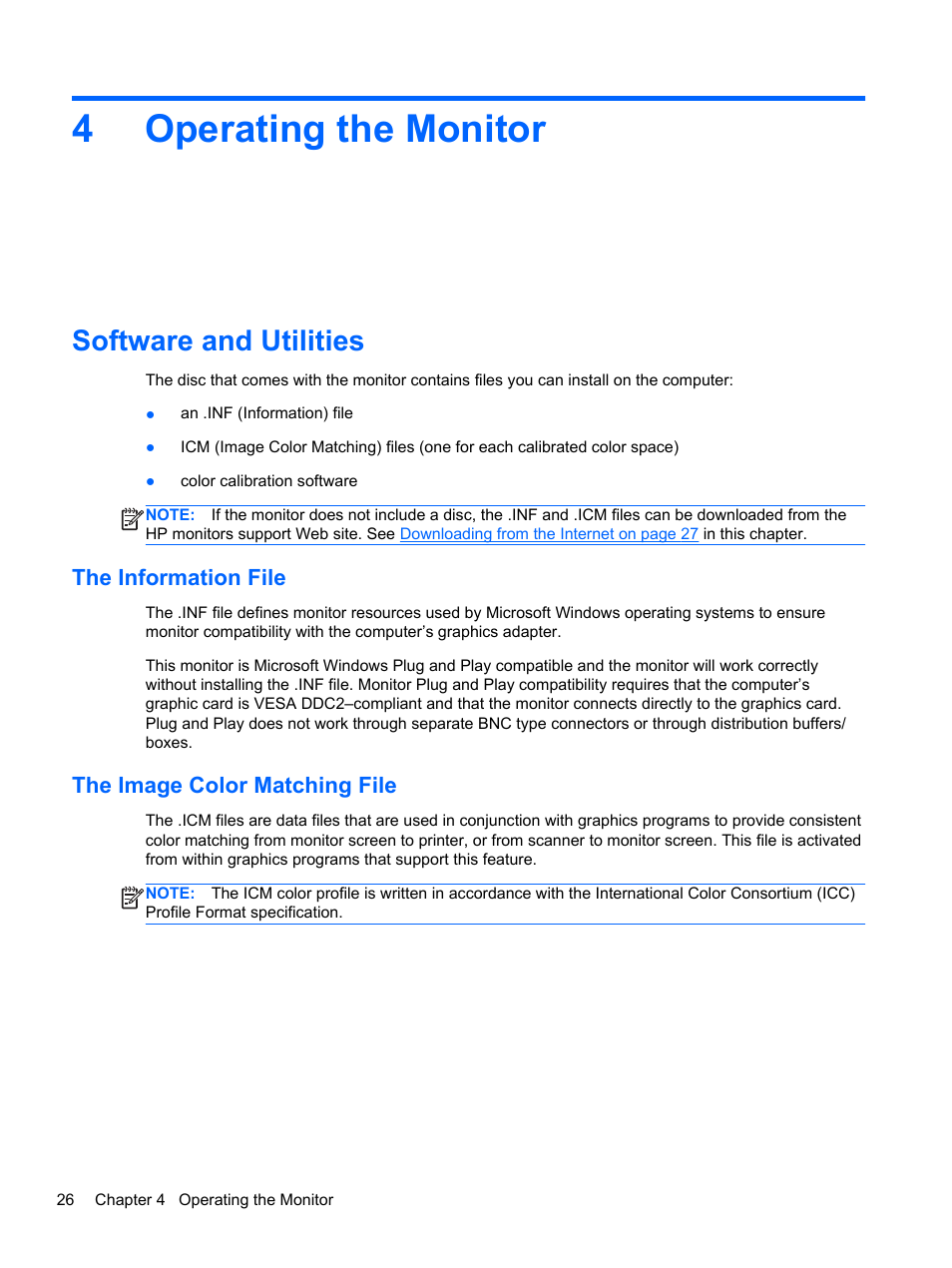Operating the monitor, Software and utilities, The information file | The image color matching file, 4 operating the monitor, The information file the image color matching file, 4operating the monitor | HP DreamColor Z24x Professional Display User Manual | Page 34 / 57