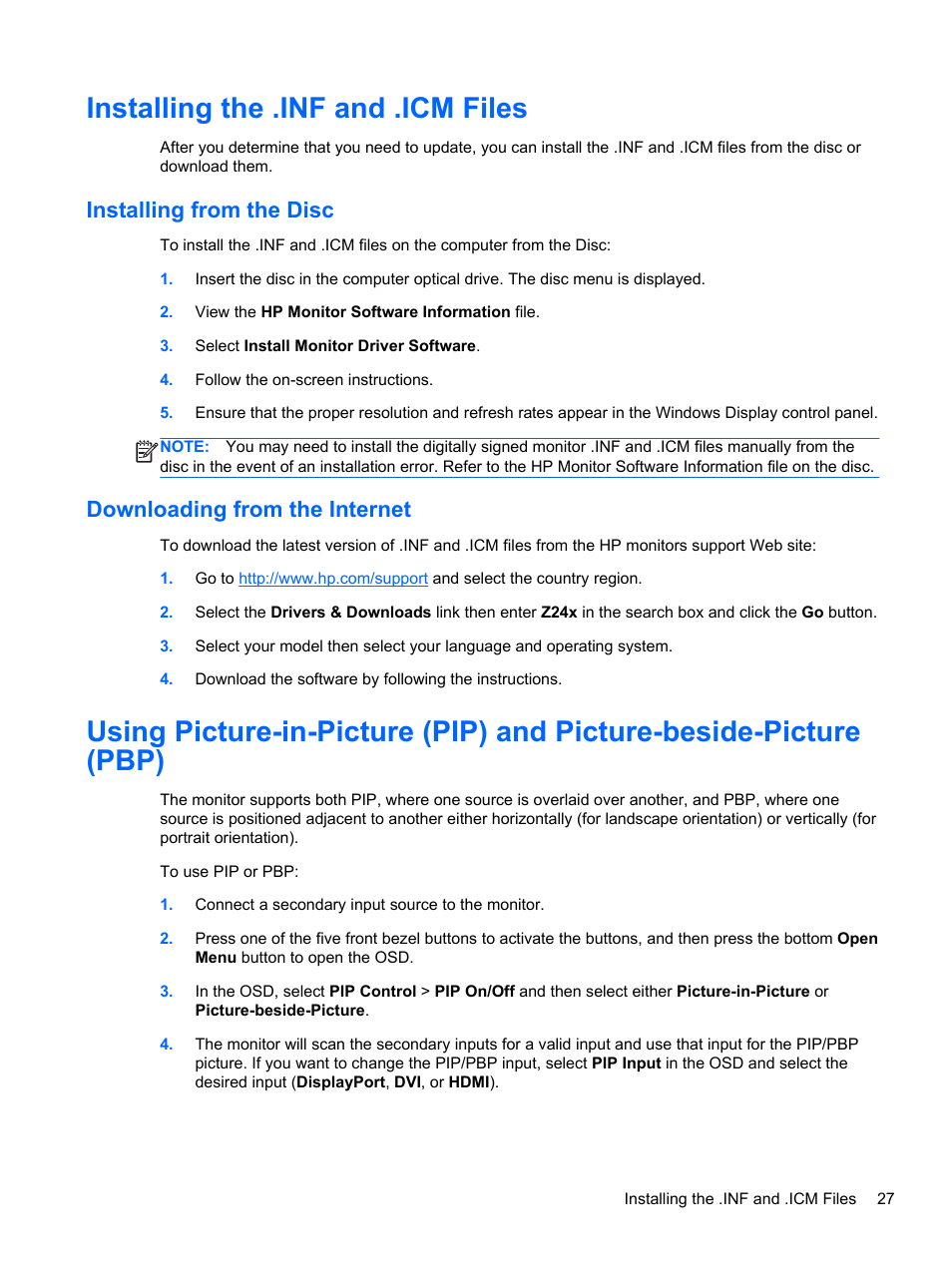 Installing the .inf and .icm files, Installing from the disc, Downloading from the internet | HP DreamColor Z24x Professional Display User Manual | Page 35 / 57