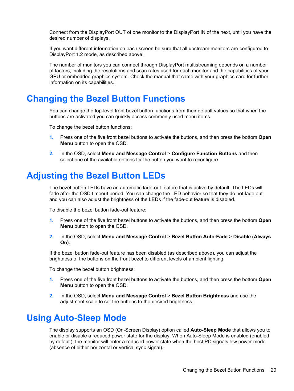 Changing the bezel button functions, Adjusting the bezel button leds, Using auto-sleep mode | Changing the bezel button | HP DreamColor Z24x Professional Display User Manual | Page 37 / 57