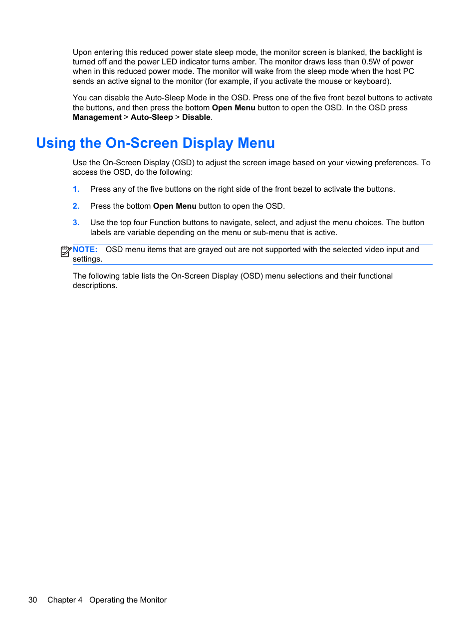 Using the on-screen display menu | HP DreamColor Z24x Professional Display User Manual | Page 38 / 57