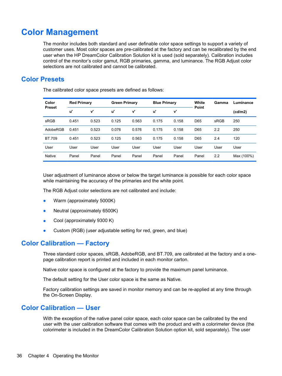 Color management, Color presets, Color calibration — factory | Color calibration — user | HP DreamColor Z24x Professional Display User Manual | Page 44 / 57