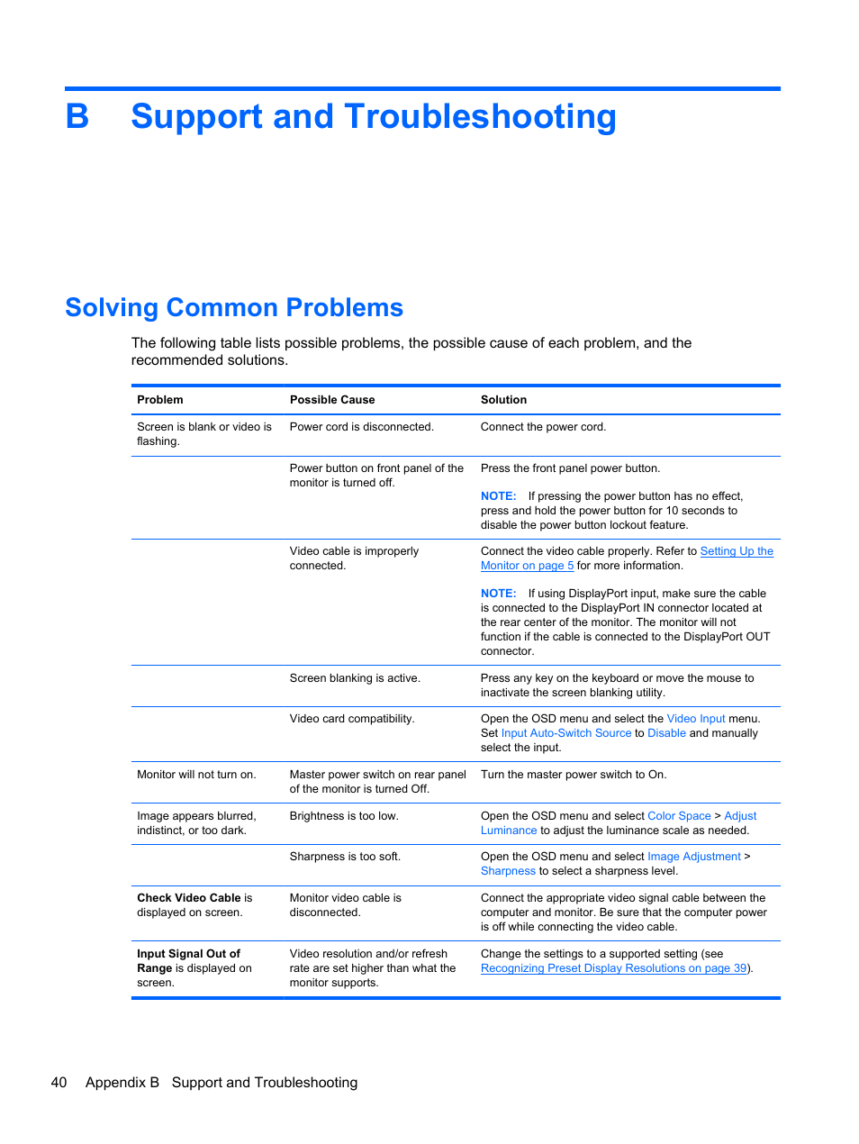 Support and troubleshooting, Solving common problems, Appendix b support and troubleshooting | Bsupport and troubleshooting | HP DreamColor Z24x Professional Display User Manual | Page 48 / 57
