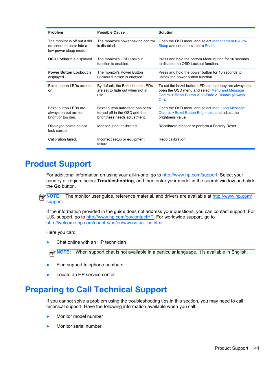 Product support, Preparing to call technical support | HP DreamColor Z24x Professional Display User Manual | Page 49 / 57