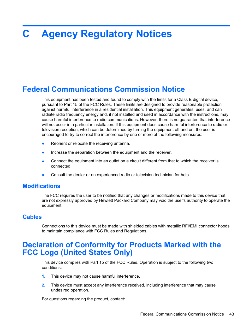 Agency regulatory notices, Federal communications commission notice, Modifications | Cables, Appendix c agency regulatory notices, Modifications cables, Cagency regulatory notices | HP DreamColor Z24x Professional Display User Manual | Page 51 / 57