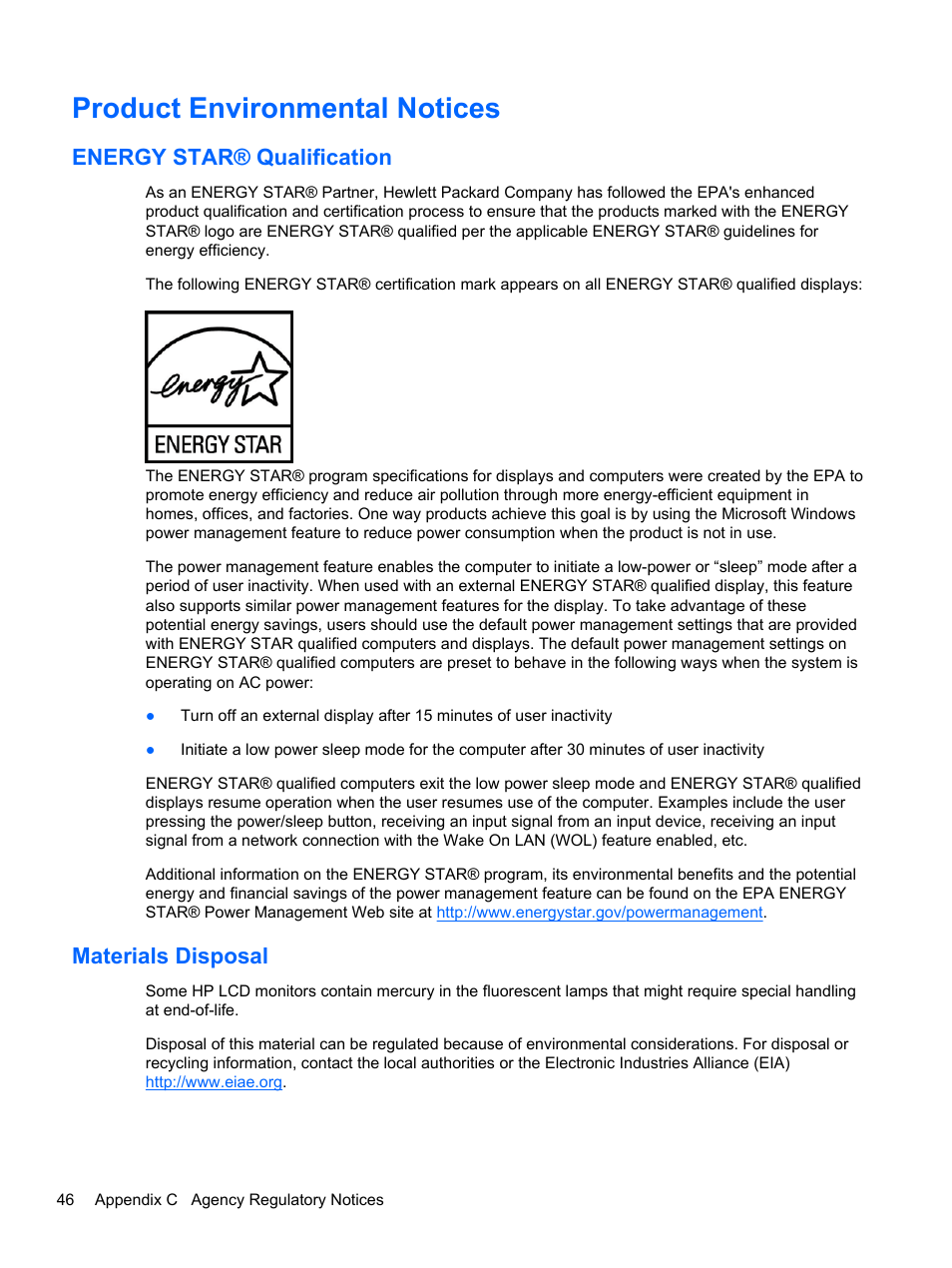 Product environmental notices, Energy star® qualification, Materials disposal | Energy star® qualification materials disposal | HP DreamColor Z24x Professional Display User Manual | Page 54 / 57