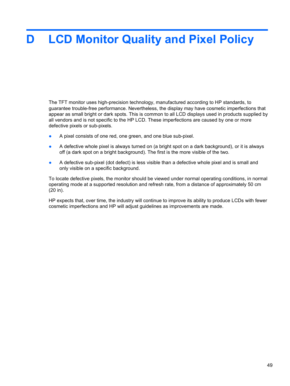 Lcd monitor quality and pixel policy, Dlcd monitor quality and pixel policy | HP DreamColor Z24x Professional Display User Manual | Page 57 / 57