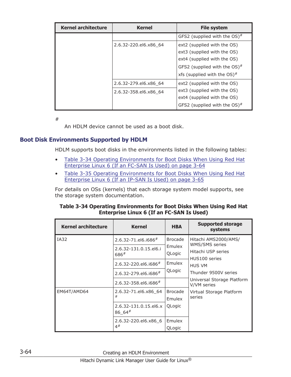 Boot disk environments supported by hdlm -64, Boot disk environments supported by hdlm | HP Hitachi Dynamic Link Manager Software User Manual | Page 136 / 712