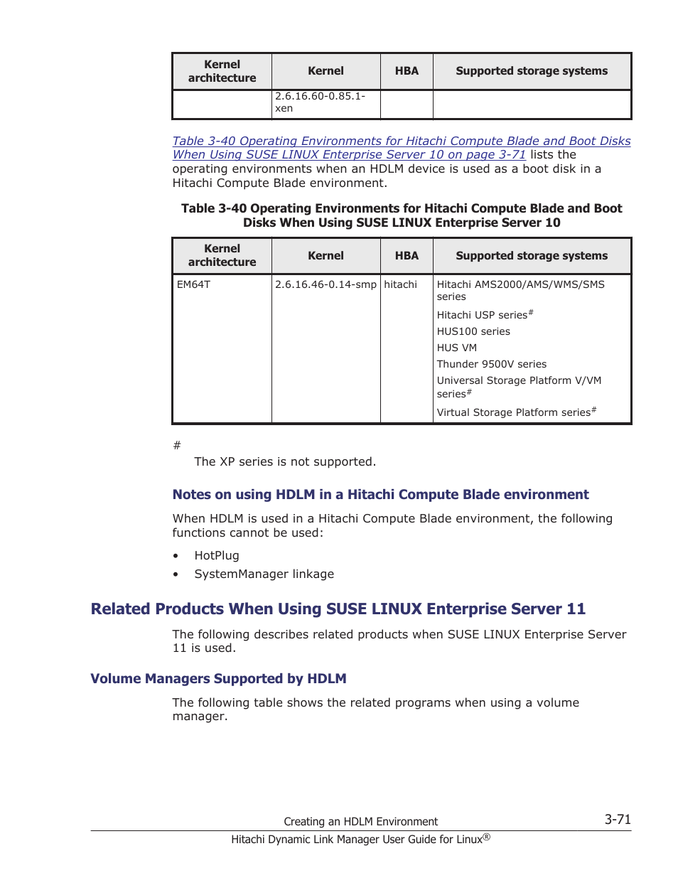 Volume managers supported by hdlm -71, Related products when using suse linux | HP Hitachi Dynamic Link Manager Software User Manual | Page 143 / 712