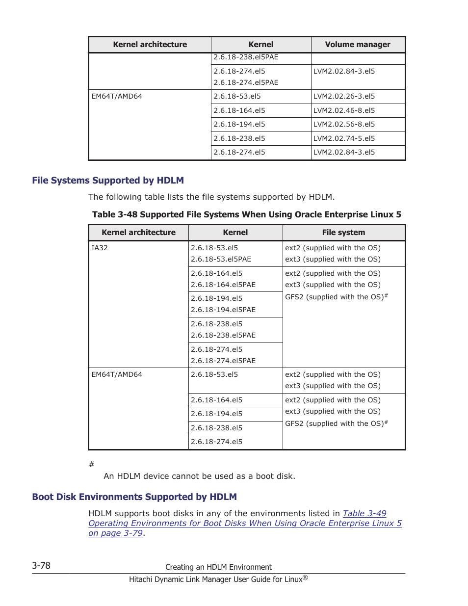 File systems supported by hdlm -78, Boot disk environments supported by hdlm -78 | HP Hitachi Dynamic Link Manager Software User Manual | Page 150 / 712