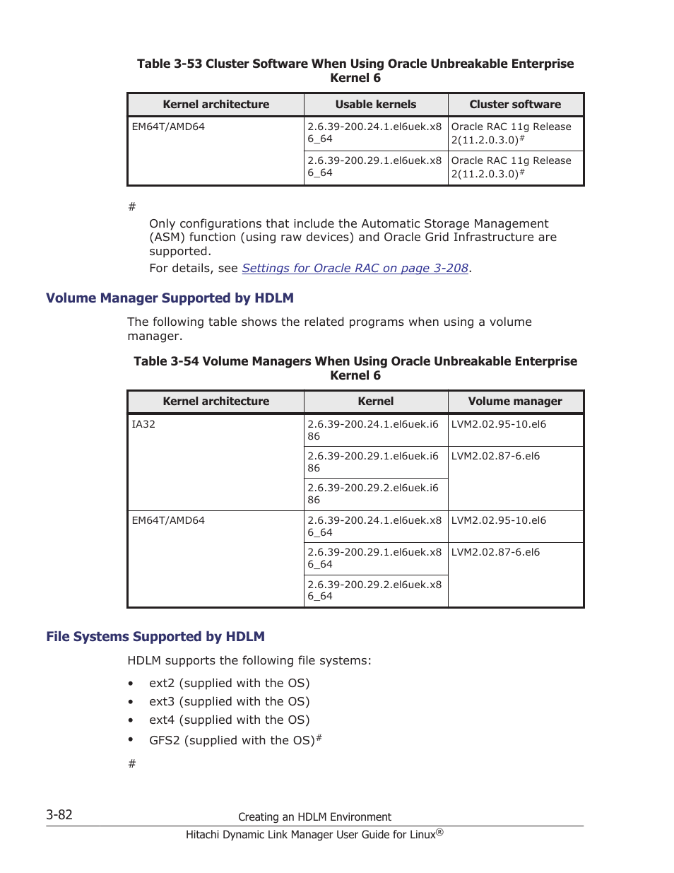 Volume manager supported by hdlm -82, File systems supported by hdlm -82 | HP Hitachi Dynamic Link Manager Software User Manual | Page 154 / 712