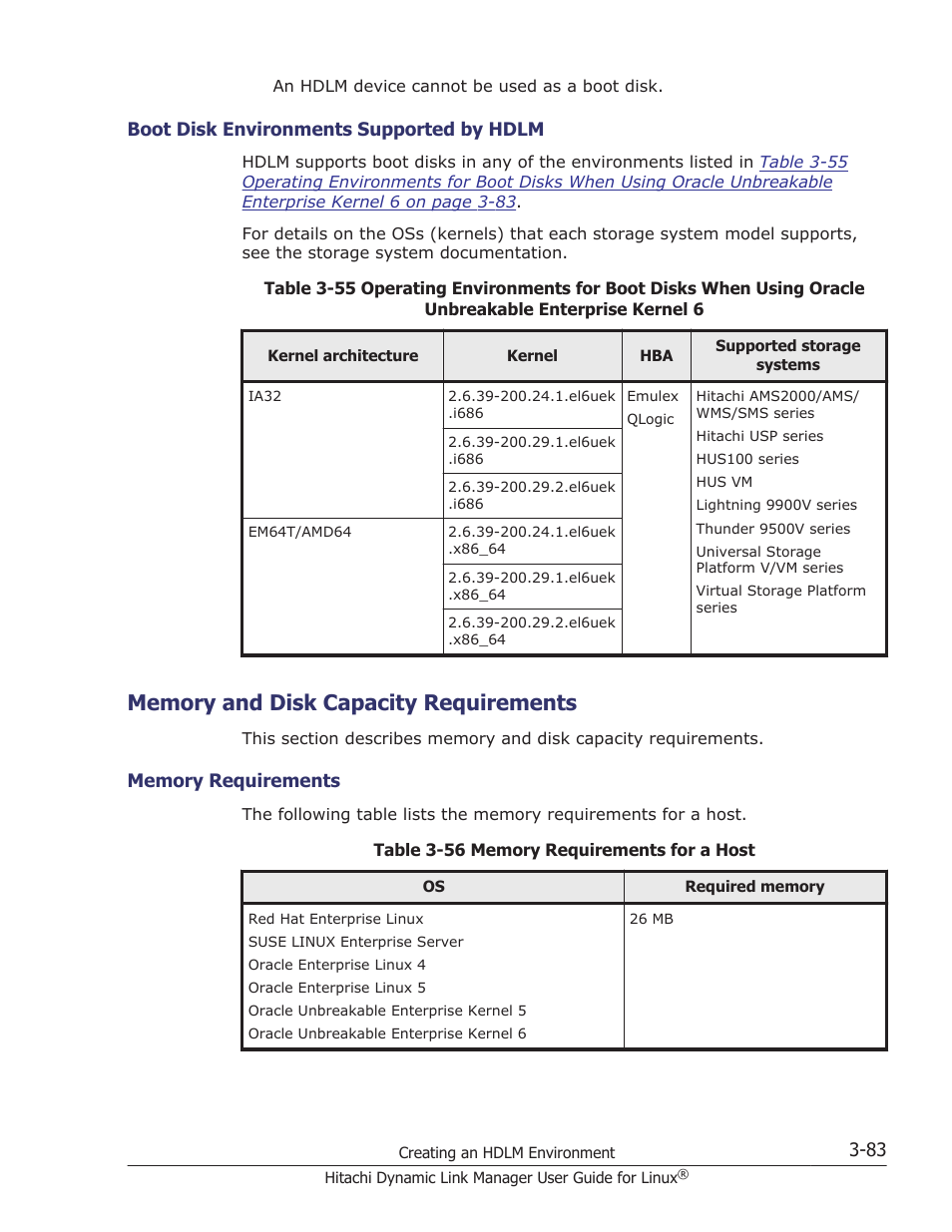 Memory and disk capacity requirements, Boot disk environments supported by hdlm -83, Memory and disk capacity requirements -83 | Memory requirements -83, Boot disk environments supported by hdlm on | HP Hitachi Dynamic Link Manager Software User Manual | Page 155 / 712