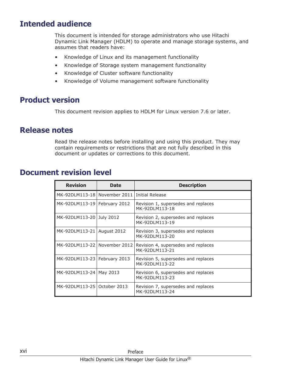 Intended audience, Product version, Release notes | Document revision level | HP Hitachi Dynamic Link Manager Software User Manual | Page 16 / 712