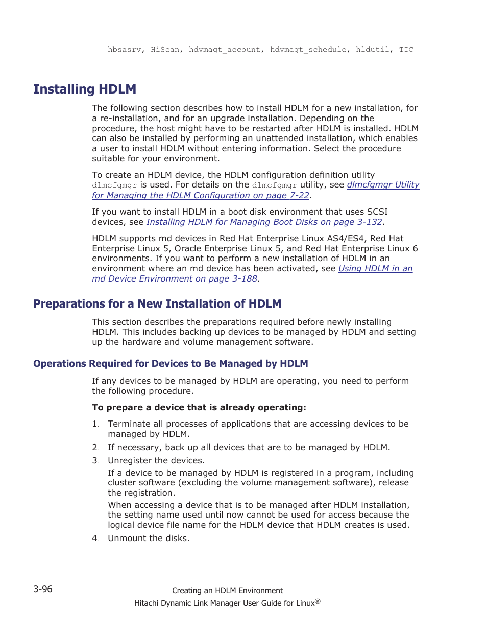 Installing hdlm, Preparations for a new installation of hdlm, Installing hdlm -96 | Preparations for a new installation of hdlm -96 | HP Hitachi Dynamic Link Manager Software User Manual | Page 168 / 712