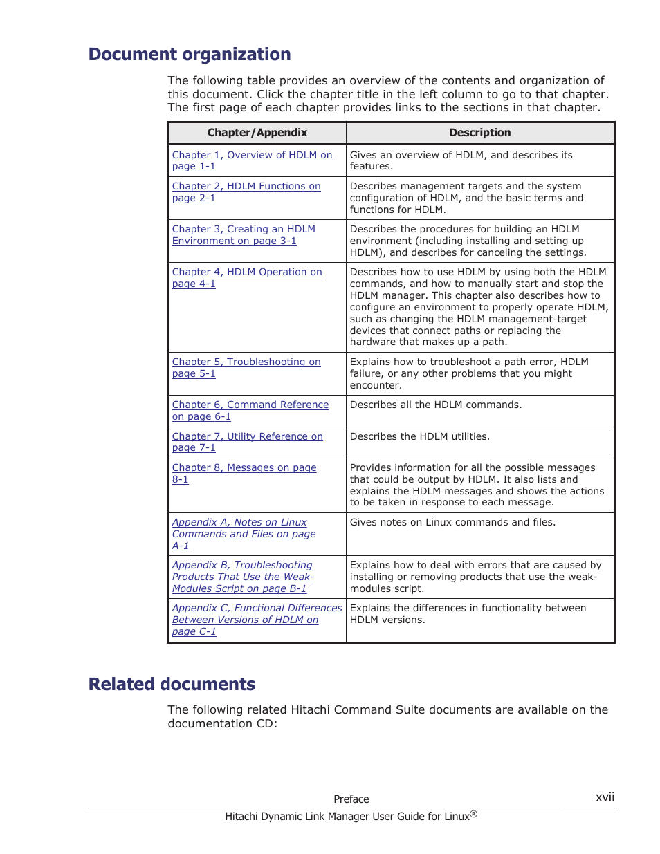 Document organization, Related documents, Xvii | HP Hitachi Dynamic Link Manager Software User Manual | Page 17 / 712