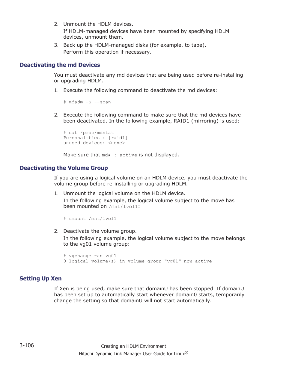 Deactivating the md devices -106, Deactivating the volume group -106, Setting up xen -106 | HP Hitachi Dynamic Link Manager Software User Manual | Page 178 / 712