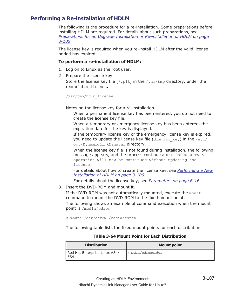 Performing a re-installation of hdlm, Performing a re-installation of hdlm -107, Performing a re-installation of | For details on how to upgrade-install hdlm, see | HP Hitachi Dynamic Link Manager Software User Manual | Page 179 / 712