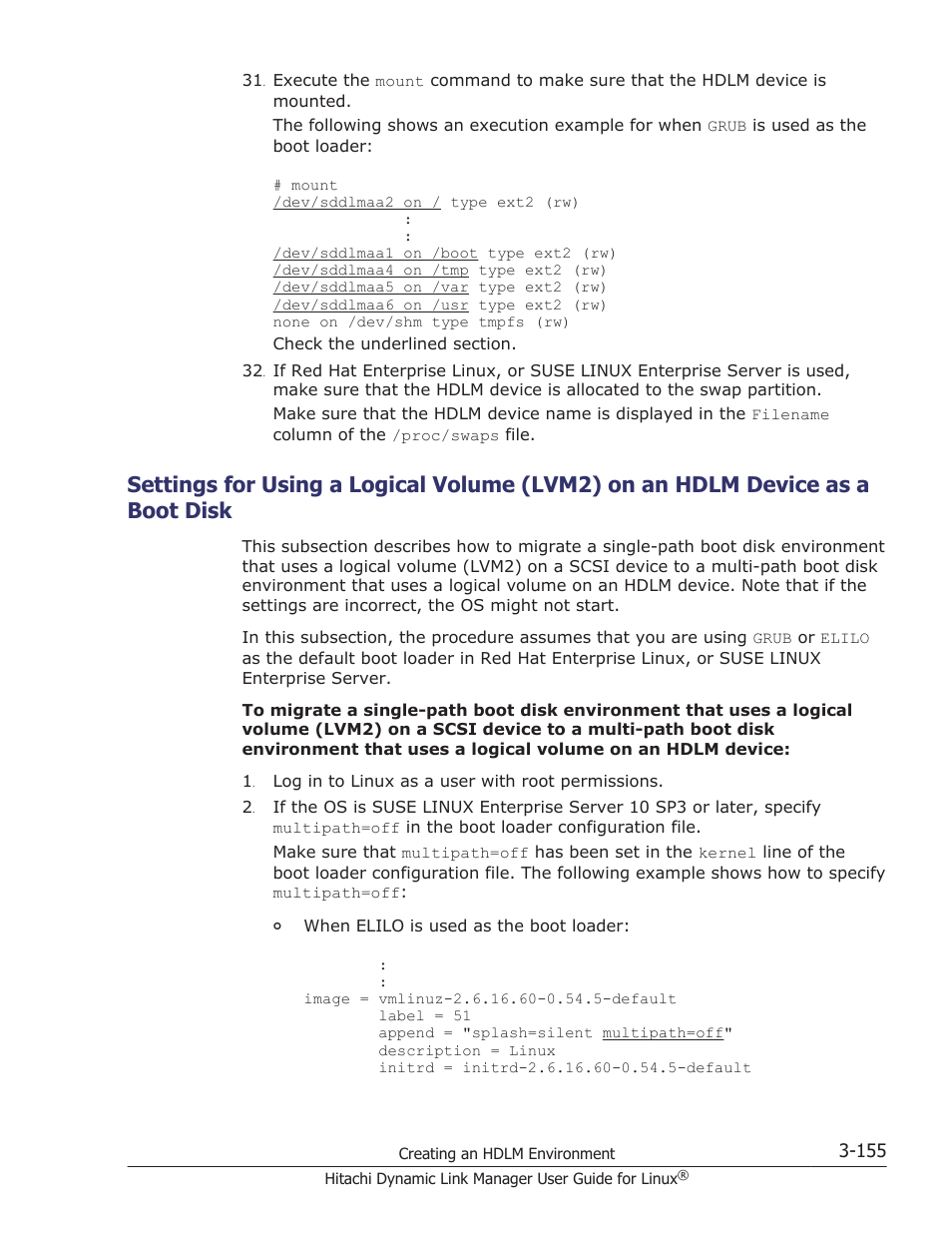 Settings for using a, See steps 1 to 9 in, Settings for using a logical volume (lvm2) on an | HP Hitachi Dynamic Link Manager Software User Manual | Page 227 / 712