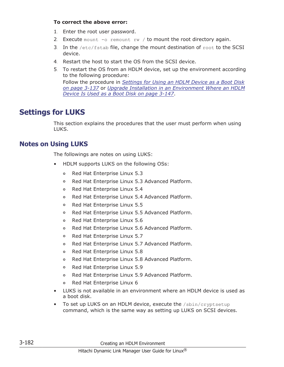 Settings for luks, Notes on using luks, Settings for luks -182 | Notes on using luks -182, For details on setting up luks, see | HP Hitachi Dynamic Link Manager Software User Manual | Page 254 / 712