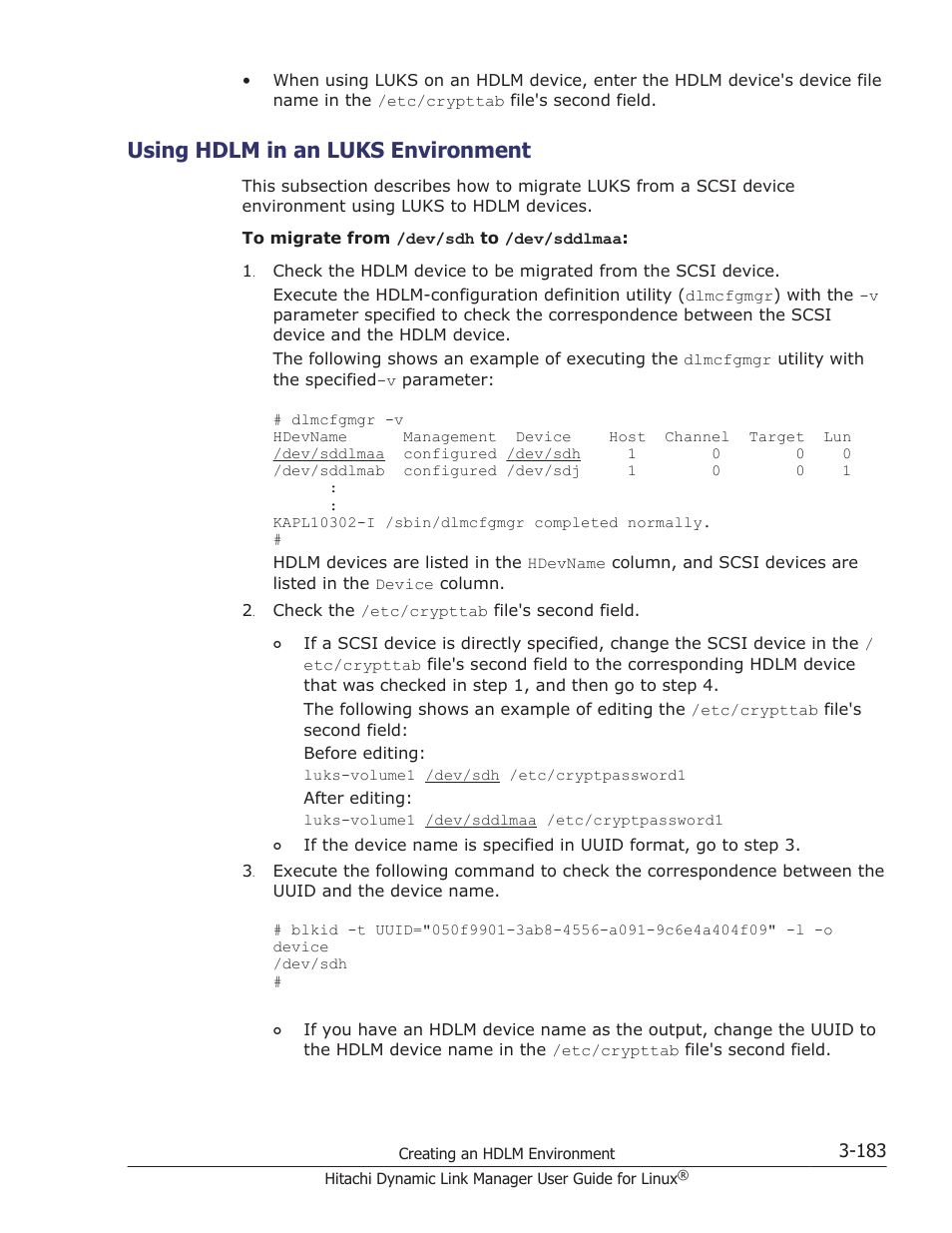 Using hdlm in an luks environment, Using hdlm in an luks environment -183 | HP Hitachi Dynamic Link Manager Software User Manual | Page 255 / 712