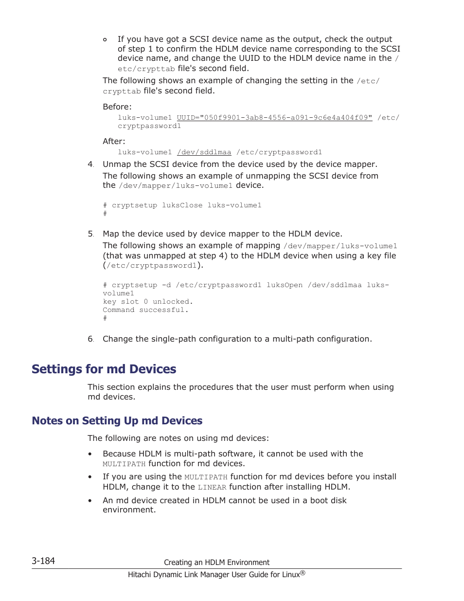 Settings for md devices, Notes on setting up md devices, Settings for md devices -184 | Notes on setting up md devices -184, For details about the md device settings, see, Settings for md devices on | HP Hitachi Dynamic Link Manager Software User Manual | Page 256 / 712