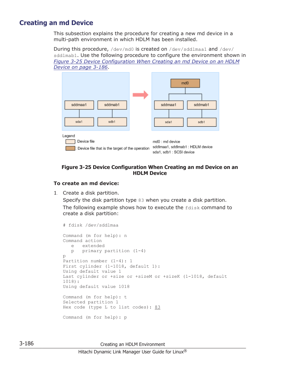 Creating an md device, Creating an md device -186 | HP Hitachi Dynamic Link Manager Software User Manual | Page 258 / 712