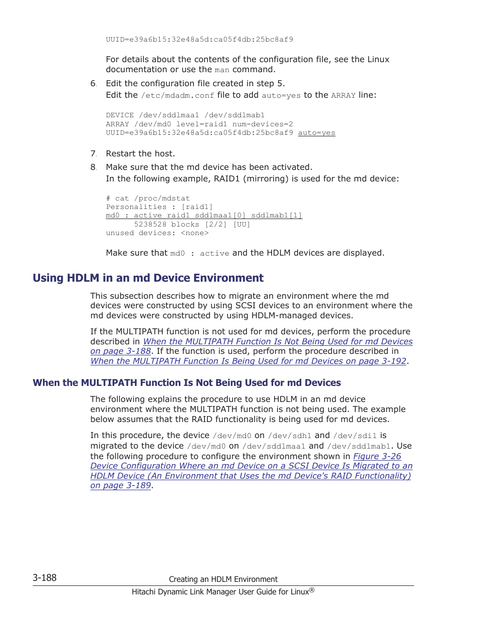 Using hdlm in an md device environment, Using hdlm in an md device environment -188, Using hdlm in an | HP Hitachi Dynamic Link Manager Software User Manual | Page 260 / 712