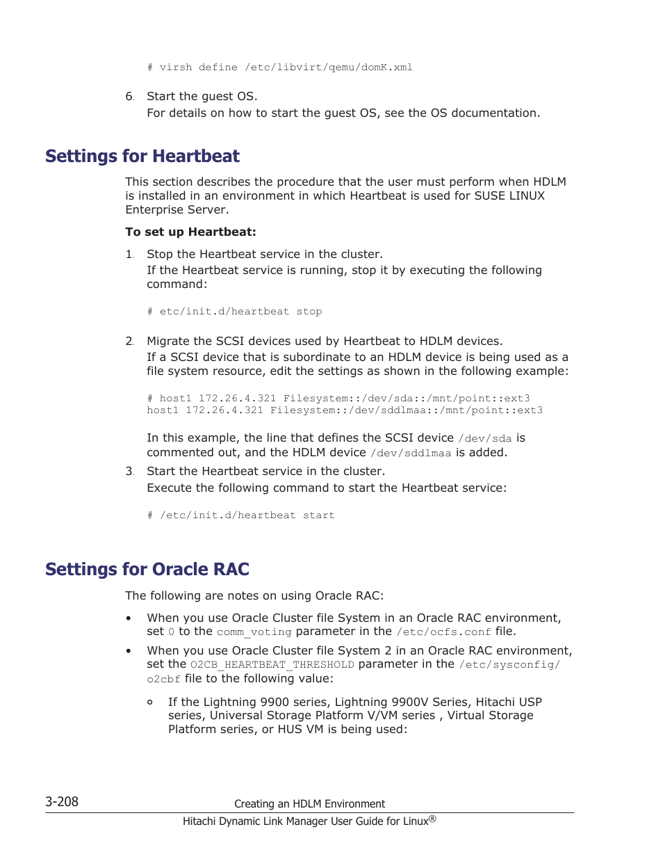 Settings for heartbeat, Settings for oracle rac, Settings for heartbeat -208 | Settings for oracle rac -208, For details on setting the cluster software, see, Settings for heartbeat on | HP Hitachi Dynamic Link Manager Software User Manual | Page 280 / 712