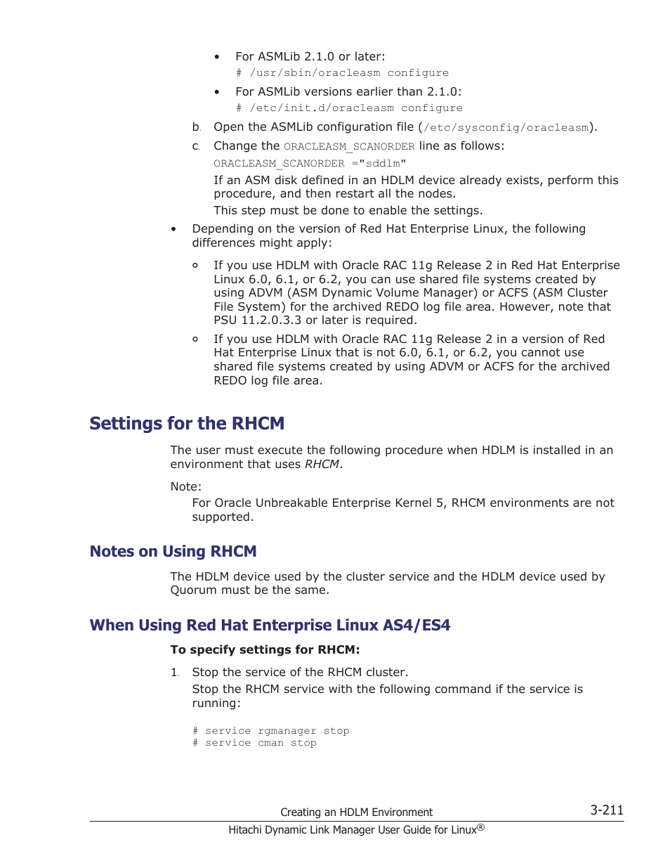 Settings for the rhcm, Notes on using rhcm, When using red hat enterprise linux as4/es4 | Settings for the rhcm -211, Notes on using rhcm -211, When using red hat enterprise linux as4/es4 -211, Settings for the, 15, or | HP Hitachi Dynamic Link Manager Software User Manual | Page 283 / 712