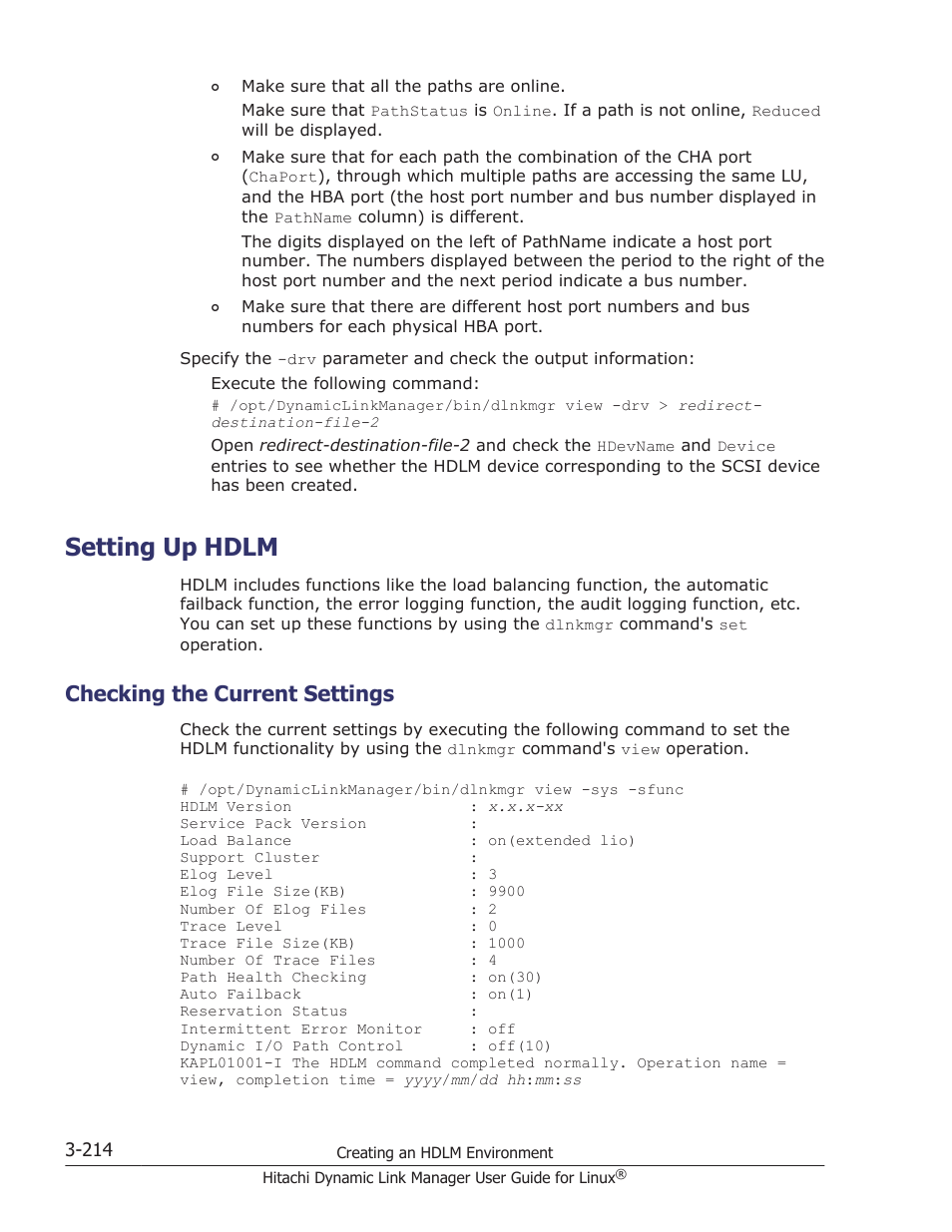 Setting up hdlm, Checking the current settings, Setting up hdlm -214 | Checking the current settings -214 | HP Hitachi Dynamic Link Manager Software User Manual | Page 286 / 712