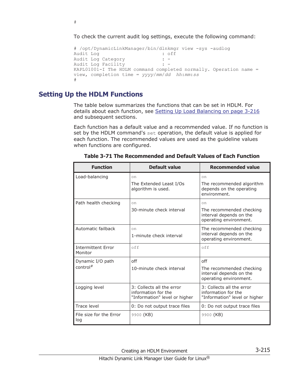 Setting up the hdlm functions, Setting up the hdlm functions -215, Setting up the hdlm | Table 3-71 the | HP Hitachi Dynamic Link Manager Software User Manual | Page 287 / 712