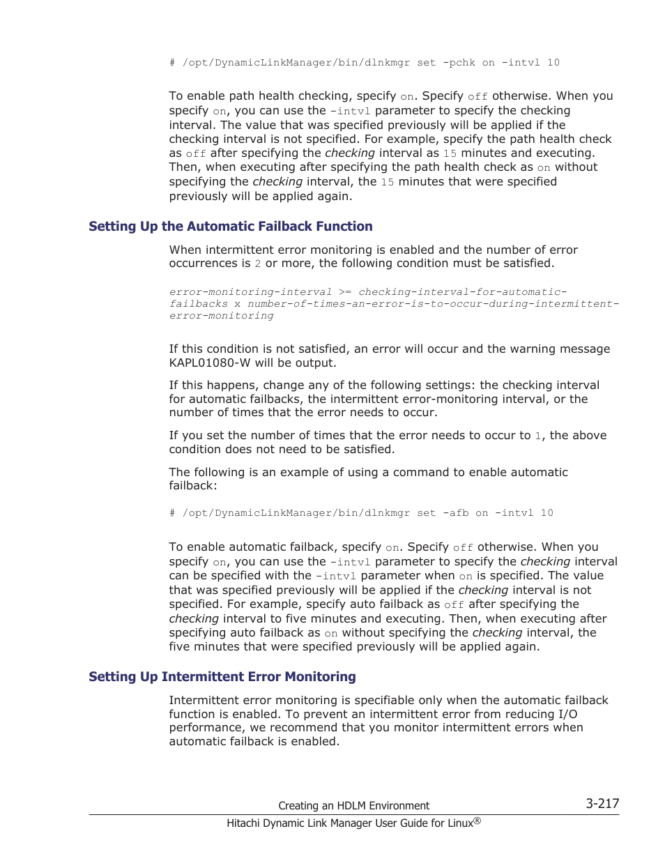 Setting up the automatic failback function -217, Setting up intermittent error monitoring -217 | HP Hitachi Dynamic Link Manager Software User Manual | Page 289 / 712