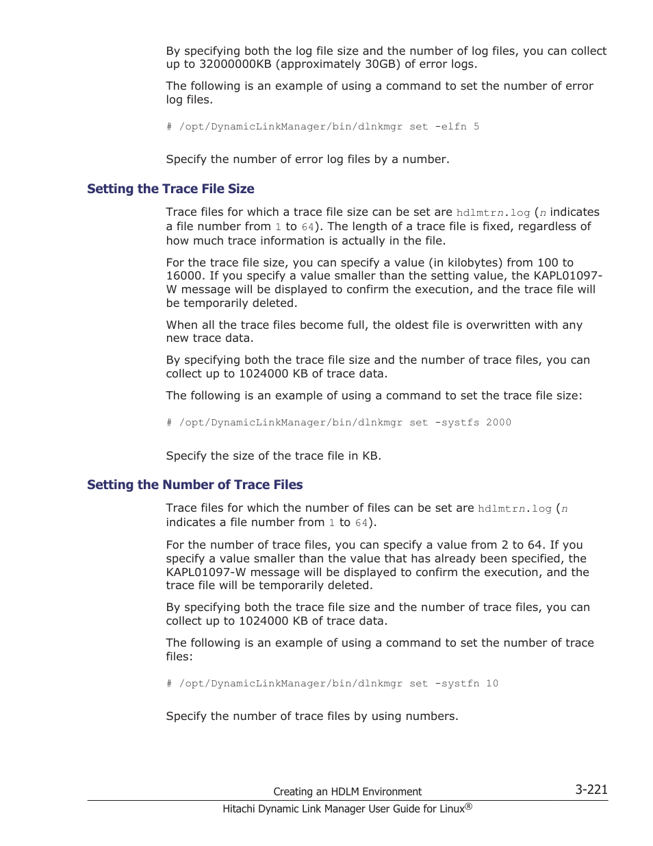 Setting the trace file size -221, Setting the number of trace files -221 | HP Hitachi Dynamic Link Manager Software User Manual | Page 293 / 712