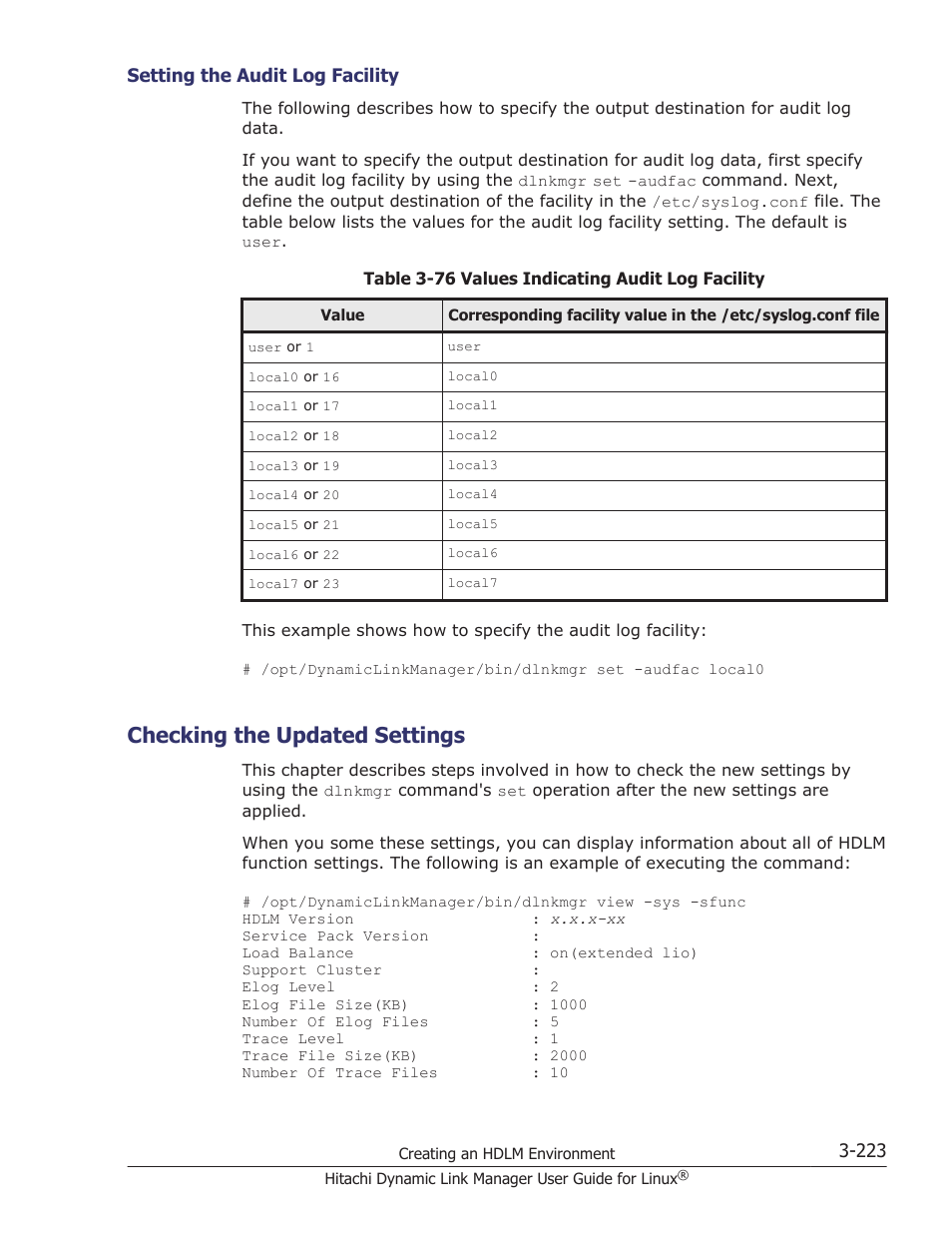 Checking the updated settings, Setting the audit log facility -223, Checking the updated settings -223 | HP Hitachi Dynamic Link Manager Software User Manual | Page 295 / 712