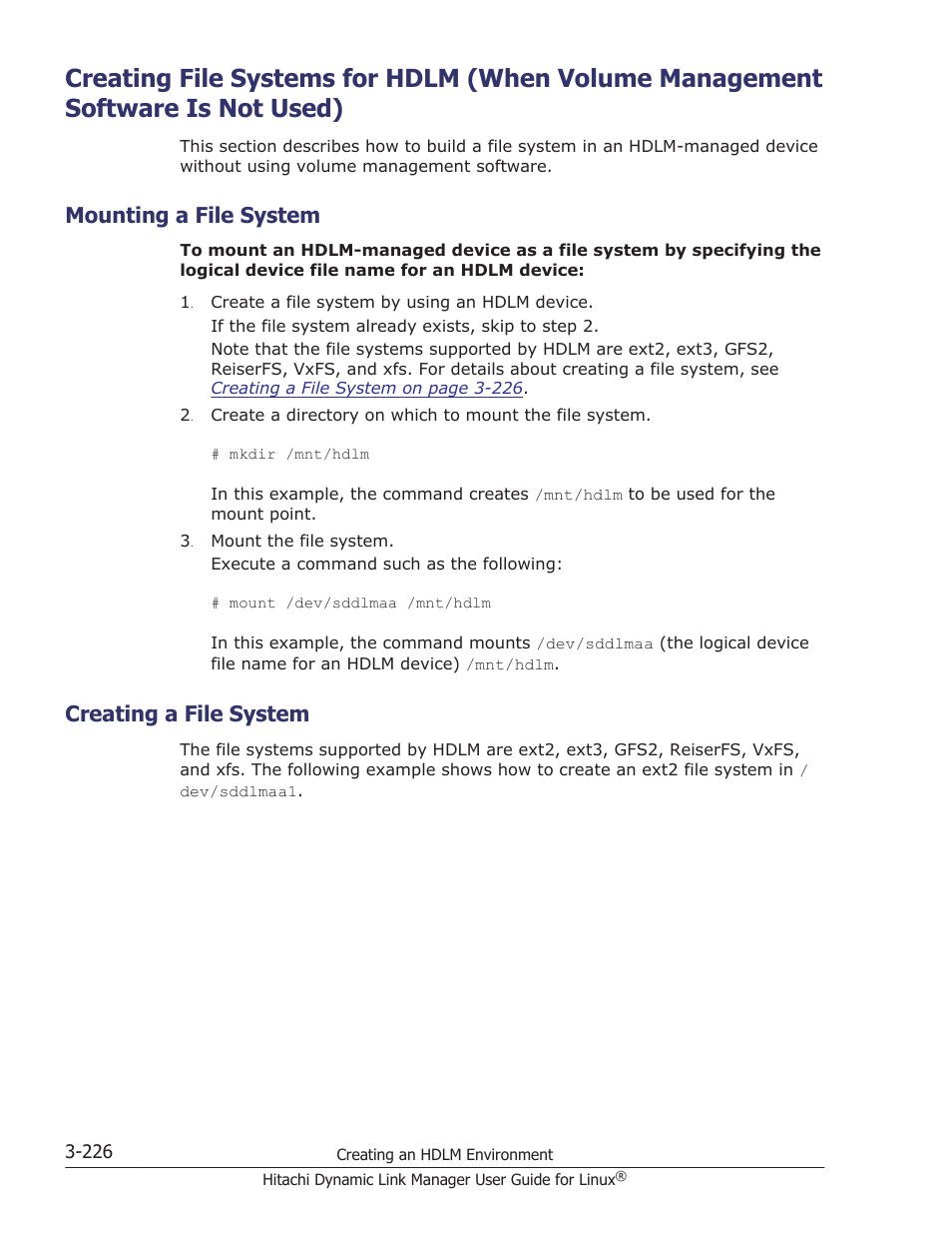 Mounting a file system, Creating a file system, Mounting a file system -226 | Creating a file system -226 | HP Hitachi Dynamic Link Manager Software User Manual | Page 298 / 712